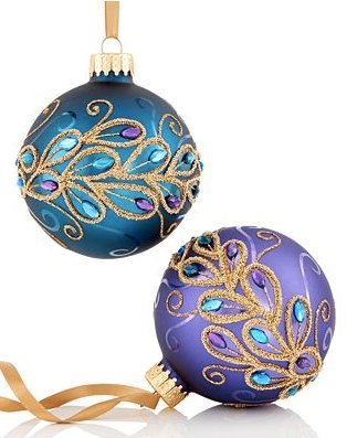 Holiday Lane Peacock Glass Ball Ornaments, Set of 2