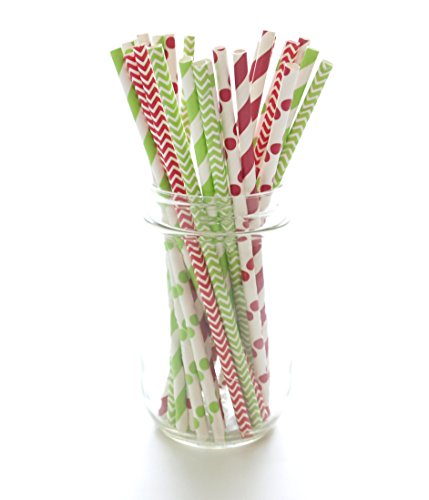 Merry Christmas Gift Straws, Holiday Favors, Cake Pop Sticks, Christmas Decorations, Candy Cane Red Stripe & Christmas Tree Green Straws (Pack of 25)