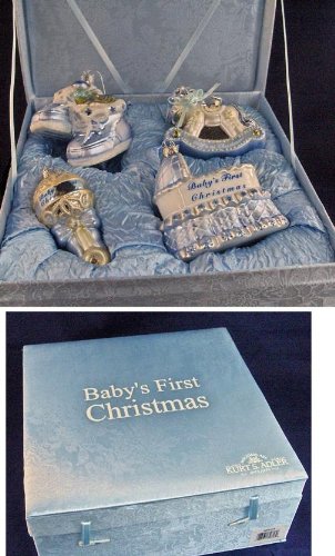 4-Piece Blue “Baby’s First Christmas” Boy Glass Ornament Boxed Gift Set