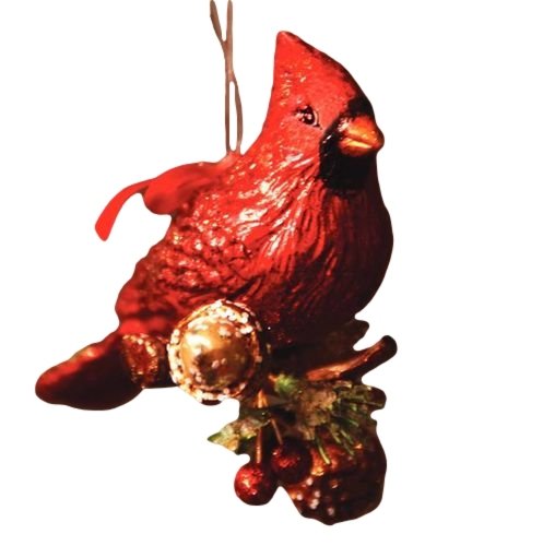 Red Cardinal on Branch with Acorns Christmas Tree Ornament, 3.5 Inches