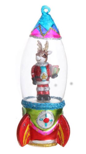 6″ Multi-Colored Reindeer Astronaut in Spacecraft Glittered Glass Christmas Ornament
