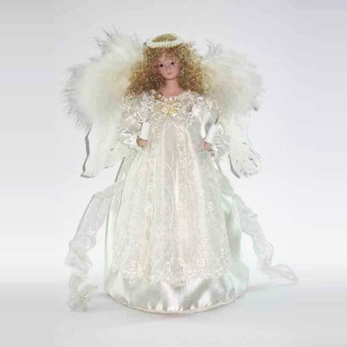 Kurt Adler UL 10-Light Angel Christmas Treetop Figurine with Fabric Hair, 12-Inch, Ivory