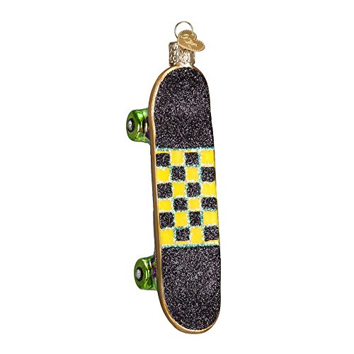 Skateboard Black & Yellow Checkered Glitter Glass Christmas Ornament