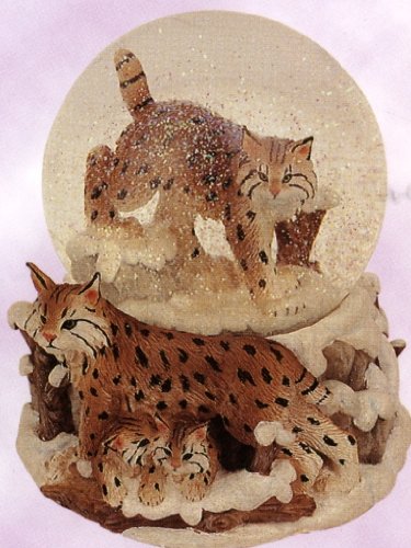 Bobcat with Cubs Snow Globe – Sculptured Resin Water Ball Music Box ” Born Free ” 5 3/4″ High