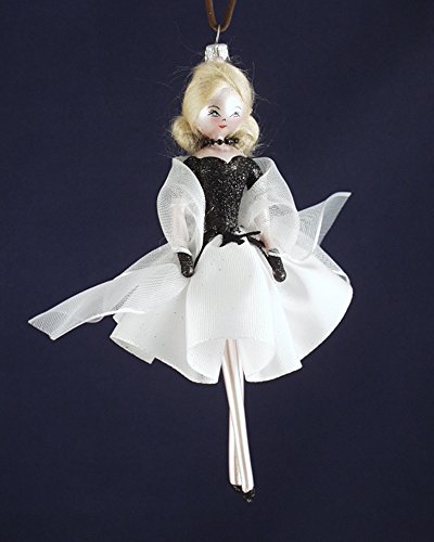 De Carlini Blonde in Elegant White and Black Dress Italian Mouthblown Christmas Ornament