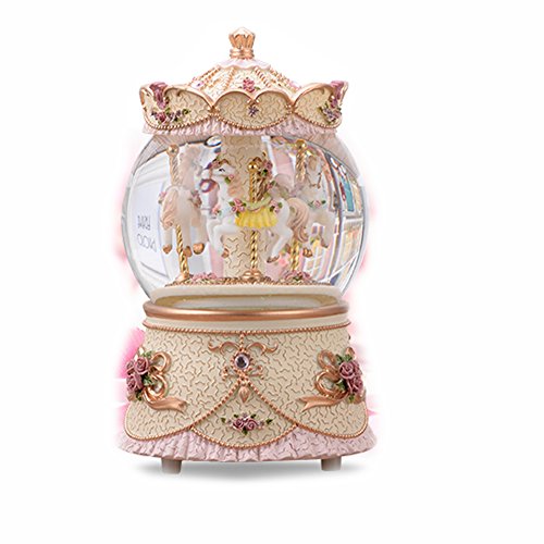 B-JOY Christmas Ornament Snow Globe LED Color Changing Lights Wind up Carousel Music Box Snowflakes (Yellow)