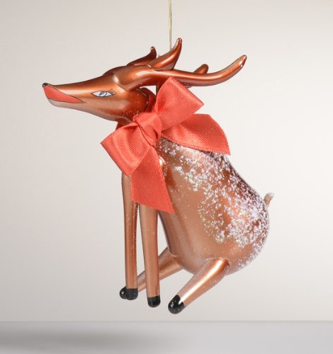 De Carlini Christmas Reindeer with Red Bow Italian Mouthblown Glass Christmas Ornament