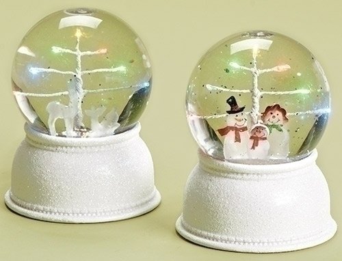 Beautiful Set of Two Christmas Deer Under Tree & Snowman Family LED Light Up Glitterdome Snowglobes