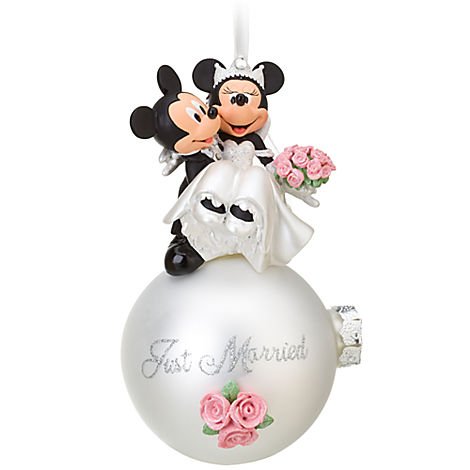 Just Married Here comes the bride and groom! The perfect keepsake, our wedding Mickey and Minnie ornament is decorated with sculpted roses ornament- gorgeous