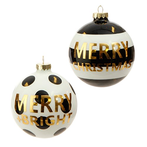 RAZ Imports – 4″ Black and White Stripes and Polka Dots Merry + Bright and Merry Christmas Ball Christmas Tree Ornaments (Set of 2)