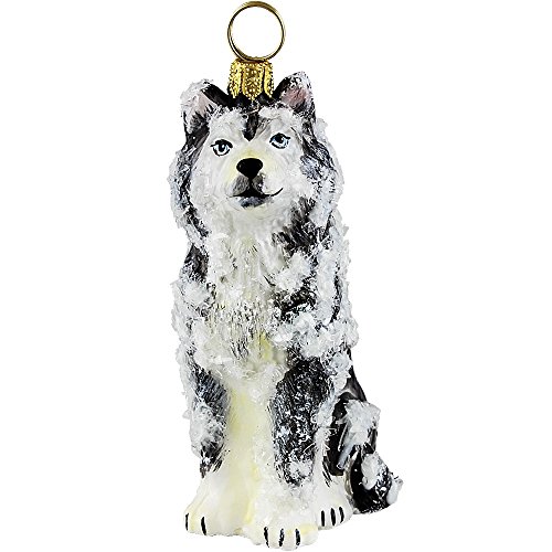 Snowy Siberian Husky Sitting Dog Polish Blown Glass Christmas Ornament