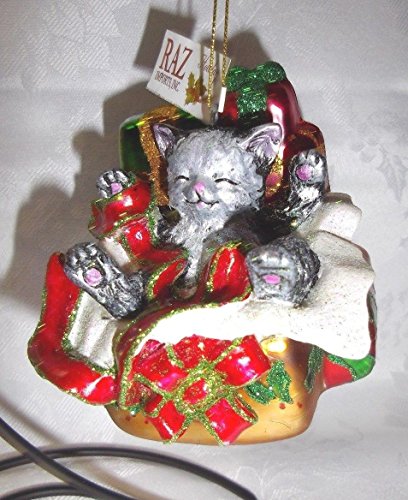 RAZ Imports 4″ Cat In Presents Hand Decorated Blown Glass Christmas Ornament