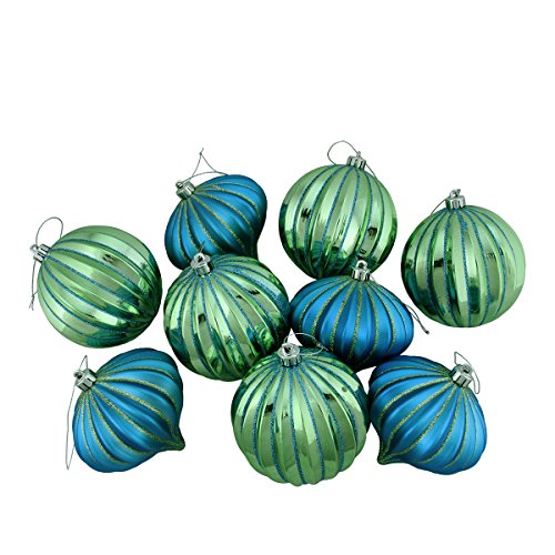 9ct Peacock Blue & Green Glitter Striped Shatterproof Christmas Onion and Ball Ornaments 4″ (100mm)