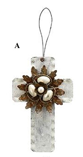 Creative Co-Op Country Christmas Collection Tin Cross Ornament With Flower, Choice of Style (A)