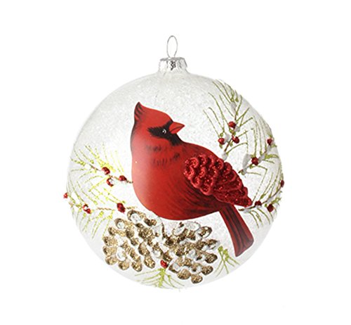 Red Cardinal, Branches and Berries Glass Ball Christmas Tree Ornament, 5 Inches