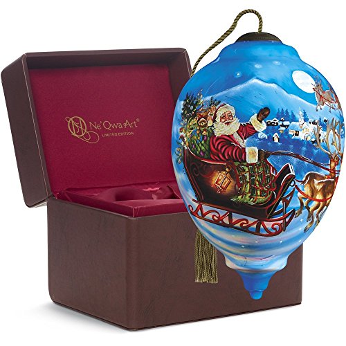Ne’Qwa Art, Christmas Gifts, Limited Edition, “Santa’s Magic Flight”, Artist Dona Gelsinger, Princess-Shaped Glass Ornament, #7161120