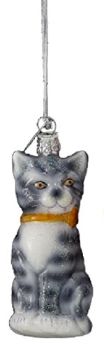 3.25″ Noble Gems Striped Gray Glittered Glass Cat with Gold Ribbon Collar Christmas Ornament