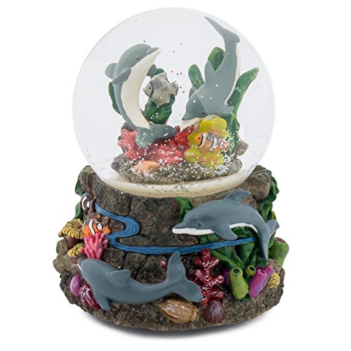 Dolphin World Coral Reef 100MM Music Water Globe Plays Tune Somewhere Out There