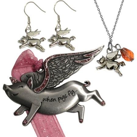Gloria Duchin Flying Pig Ornament Necklace and Earrings Set WLM