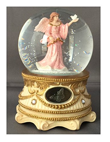 Guardian Angel with Pink Flowing gown holding Dove – Sculptured Resin Water Ball Music Box 5 3/4″ High