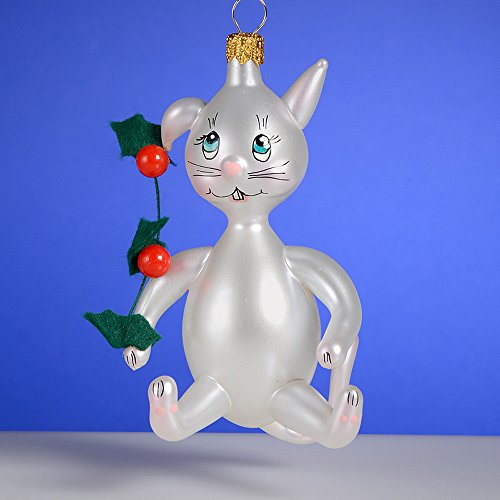 De Carlini Vintage White Rabbit with Branch Italian Mouthblown Christmas Ornament