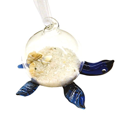 Glass Turtle Ornament with Sand and Shells Seashells (Blue)