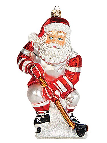 Hockey Player Santa Polish Mouth Blown Glass Christmas Ornament Tree Decoration