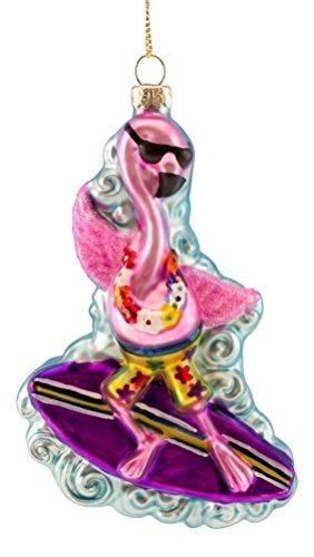 Blown Glass Christmas Ornament Flamingo on a Surfboard Riding the Waves by Beachcombers