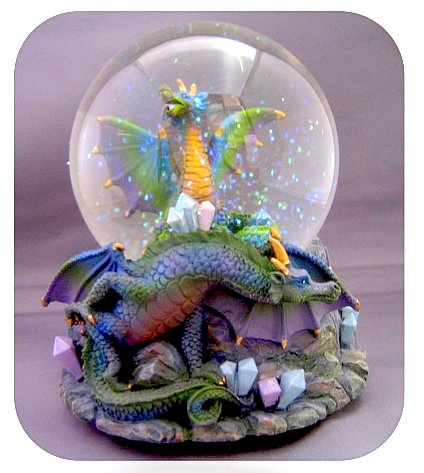 Dragon Guarding Crystals. Green/Gold/Purple Snow Globe – Sculptured Resin Water Ball Music Box 5 3/4″ High