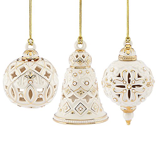 Lenox Florentine & Pearl Ornament Set 3 Piece Ball Bell Spiral