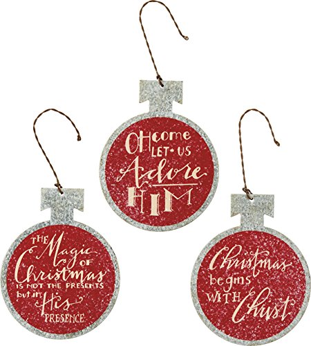 PBK Christmas Ornament – Red & Silver Tin Bulb Shape – Adore Christ 3pc #28991