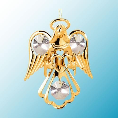 24K Gold Plated Hanging Sun Catcher or Ornament….. Guardian Angel holding a Heart with Clear Swarovski Austrian Crystal