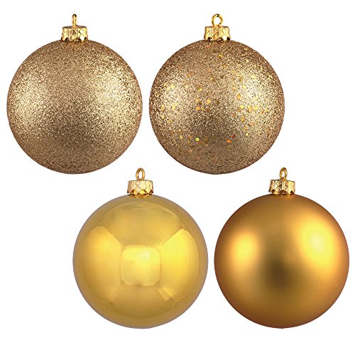 Vickerman 4-Finish Assorted Plastic Ornament Set & Seamless Shatterproof Christmas Ball Ornaments with Drilled Cap, Assorted 4 per Bag, 6″, Gold
