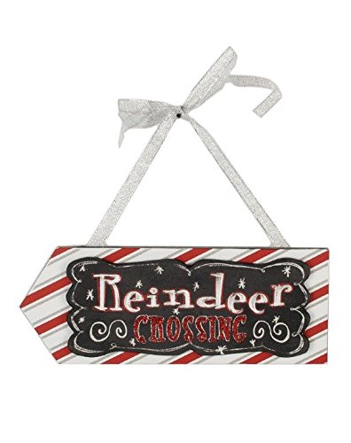 Blossom Bucket Reindeer Crossing Hanging Sign with Ribbon Christmas Decor, 8 by 3″