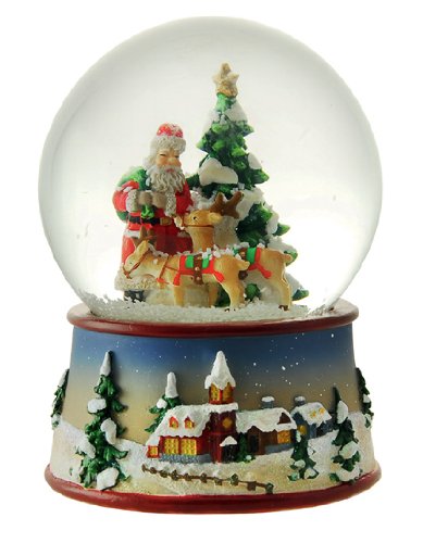 MusicBox Kingdom 53082 Snow Globe Santa and Reindeer Music Box, Turns to The Melody “We Wish You a Merry Christmas”