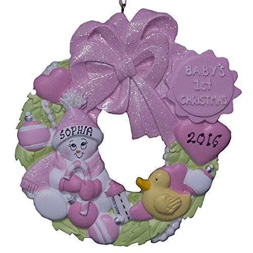 Personalized Baby`s Girl First Christmas Wreath Ornament