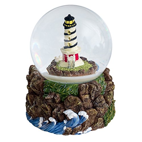 White with Black Striped Lighthouse 100MM Water Globe Plays Tune By The Beautiful Sea