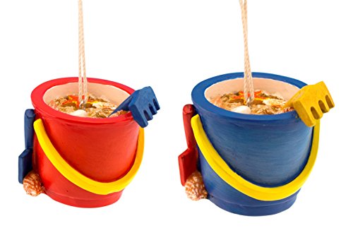 Blue and Red Beach Sand Buckets Resin Christmas Holiday Ornaments Set of 2