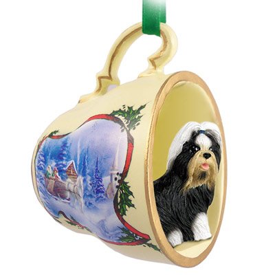 Shih Tzu Black & White Tea Cup Sleigh Ride Holiday Ornament