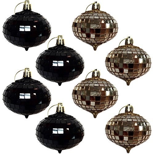 Holiday Time Black and Gold Glitter and Mirror Onion Christmas Ornaments, Set of 8