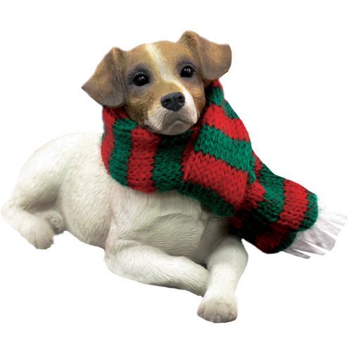 Sandicast Jack Russell Terrier with Red and Green Scarf Christmas Ornament