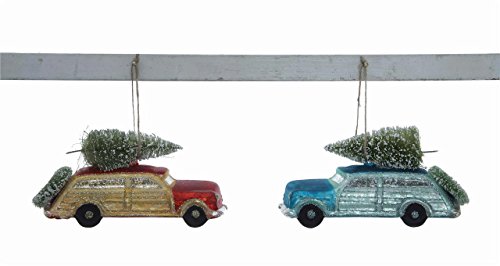 Christmas Village Ornaments Station Wagon Car, Set of 2, 6″