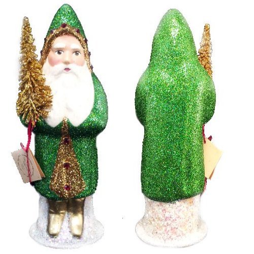 Ino Schaller Paper Mache Santa in Green Glitter Coat Christmas Candy Container