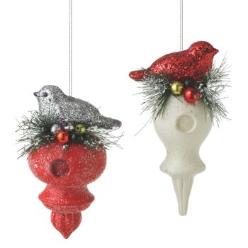 Bird and Birdhouse Finial Ornaments – Set of 2