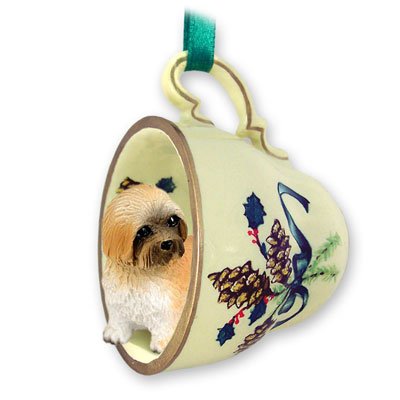 Lhasa Apso Brown W/sport Cut Tea Cup Green Holiday Ornament
