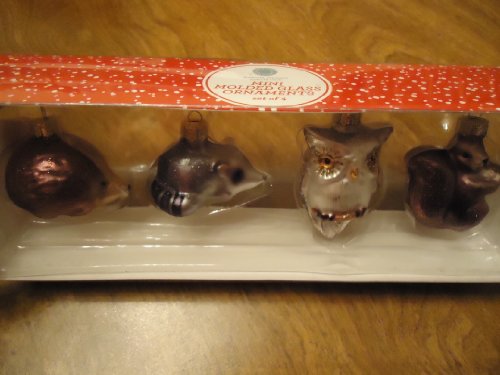 Martha Stewart Collection set of 4 Molded Glass Animal Christmas Ornaments – Racoon, Squirrel, Owl, Hedgehog