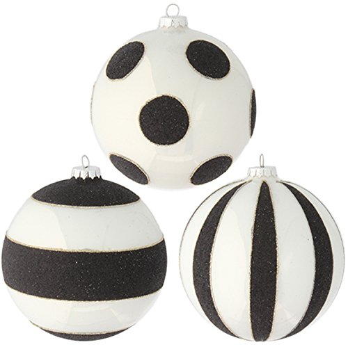 RAZ Imports – 5″ Glittered Black and White Striped and Polka Dot Glass Ball Christmas Tree Ornaments (Set of 3)