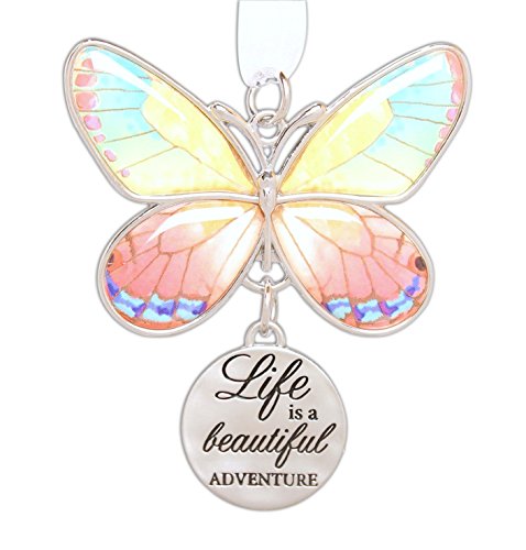Ganz 2″ Beautiful Zinc Butterfly Ornament with Sentiment Featuring White Organza Ribbon for Hanging (Life is a Beautiful Adventure)