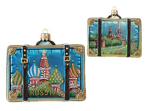 Russia Travel Suitcase Polish Mouth Blown Glass Christmas Ornament by Pinnacle Peak Trading Company