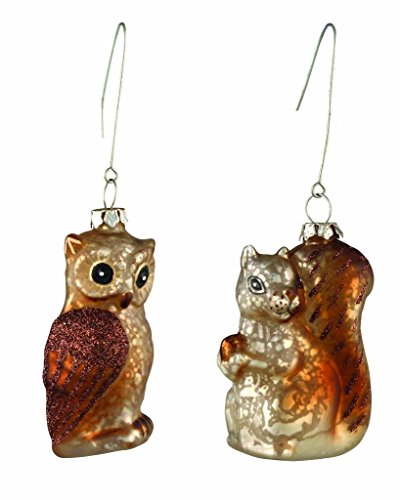 Bethany Lowe Fall Autumn Bounty Owl and Squirrel Glass Ornament Set, 3″ Tall